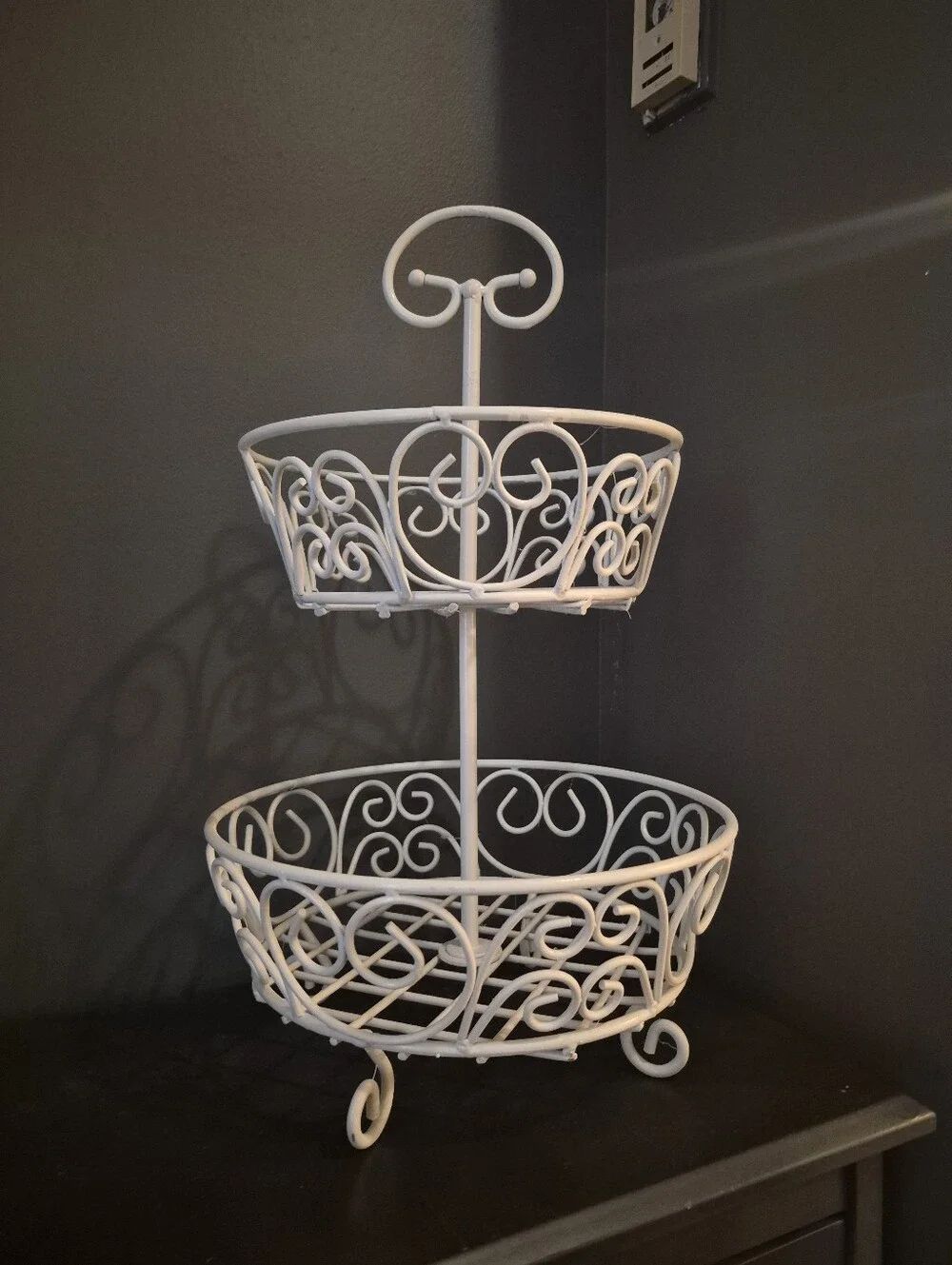 White Metal Scrollwork Princess  2-Tiered Basket Fruit Bowl Holder Decor
